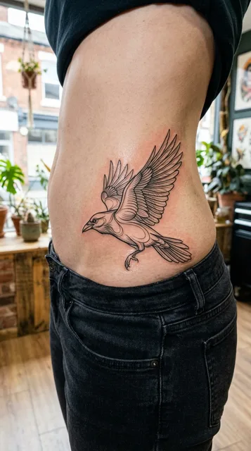 Raven tattoo on the hip