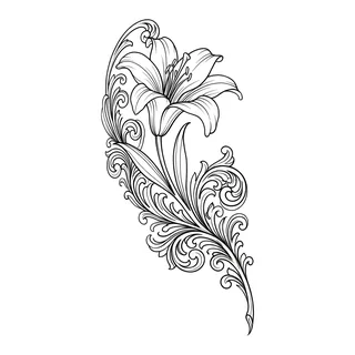 Black and grey ornamental lily tattoo design, drawn flat for a hip tattoo