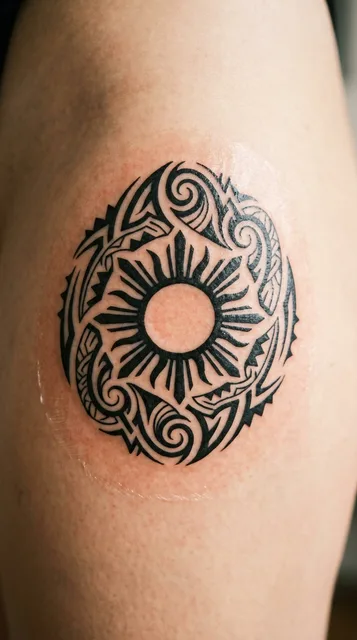 Black and white tribal sun tattoo on a woman's hip