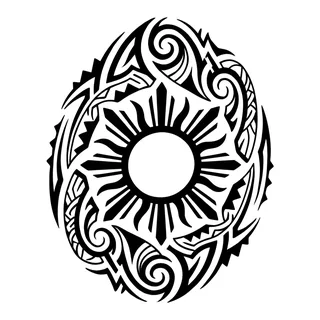 Black and white tribal sun tattoo design, drawn flat for a hip tattoo