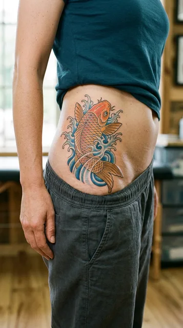 koi fish tattoo on the hip