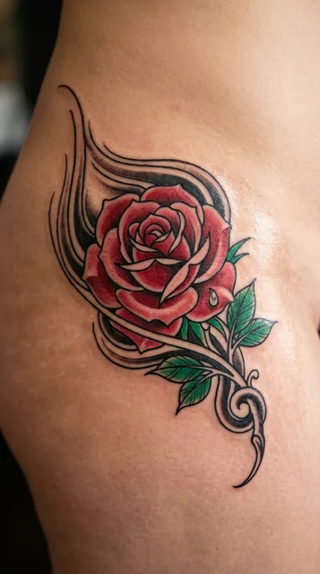 Color Japanese rose tattoo on a woman's hip