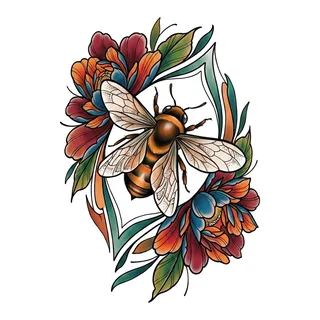 Color neo traditional bee tattoo design, drawn flat for a hip tattoo
