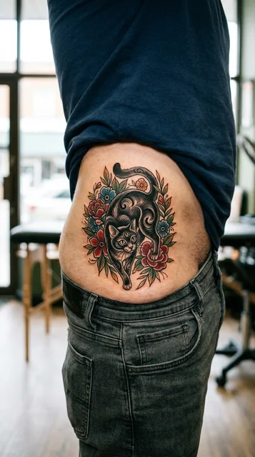 Color neo traditional cat tattoo on a man's hip