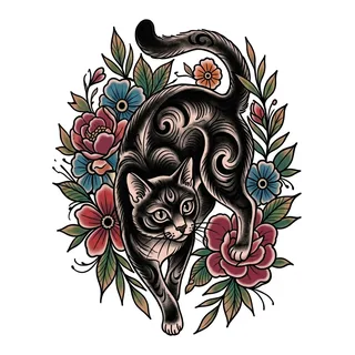 Color neo traditional cat tattoo design, drawn flat for a hip tattoo