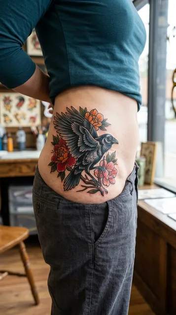 Color neo traditional raven tattoo on a woman's hip