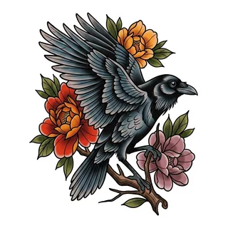 Color neo traditional raven tattoo design, drawn flat for a hip tattoo