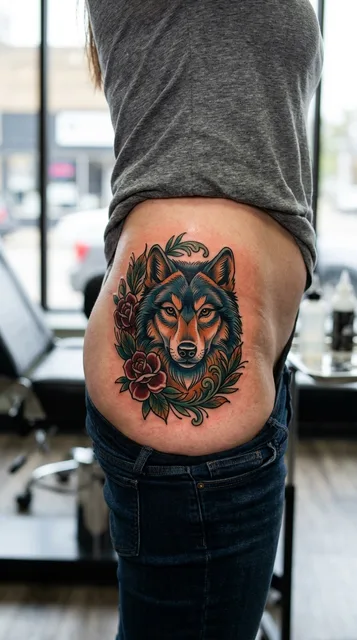 Color neo traditional wolf tattoo on a woman's hip
