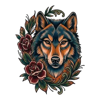 Color neo traditional wolf tattoo design, drawn flat for a hip tattoo