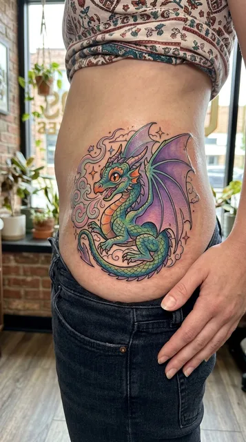 Color new school dragon tattoo on a woman's hip