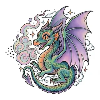 Color new school dragon tattoo design, drawn flat for a hip tattoo