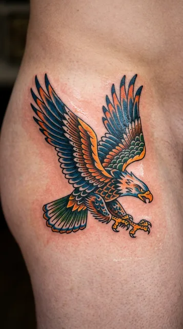 Color new school eagle tattoo on a man's hip