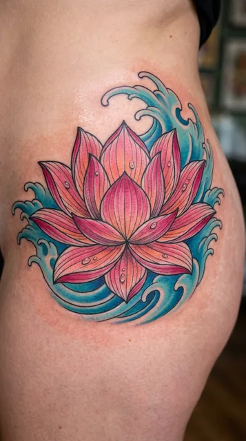 Color traditional lotus flower tattoo on a woman's hip