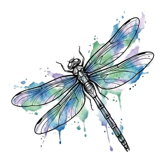 Color watercolor dragonfly tattoo design, drawn flat for a hip tattoo