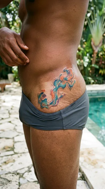 Color watercolor tattoo on a man's hip