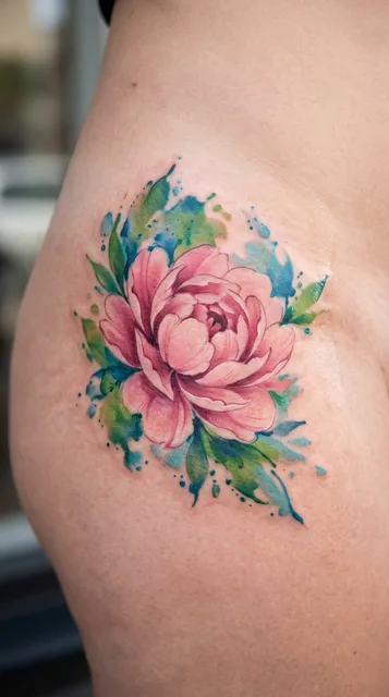 Color watercolor peony tattoo on a woman's hip
