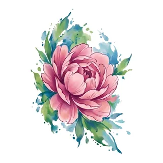 Color watercolor peony tattoo design, drawn flat for a hip tattoo