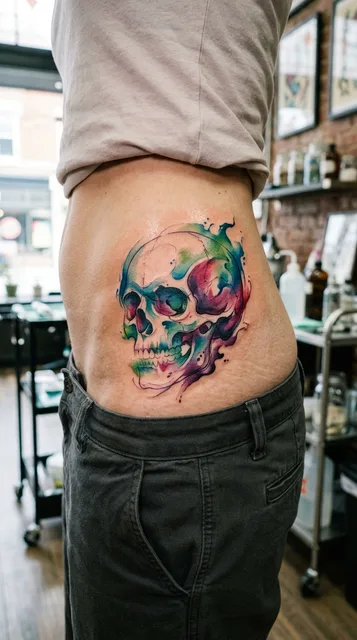 Color watercolor skull tattoo on a woman's hip