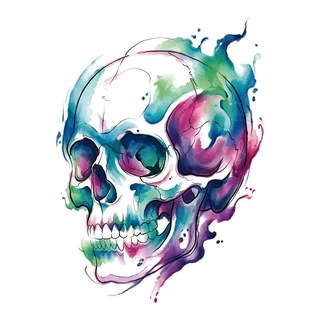 Color watercolor skull tattoo design, drawn flat for a hip tattoo