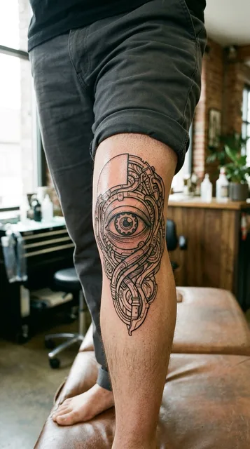 Black and grey biomechanical eye tattoo on a man's knee