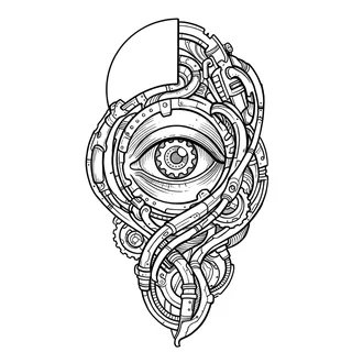 Black and grey biomechanical eye tattoo design, drawn flat for a knee tattoo