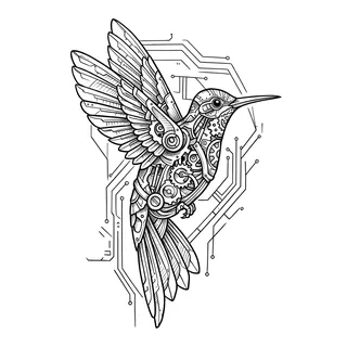 Black and grey biomechanical hummingbird tattoo design, drawn flat for a knee tattoo