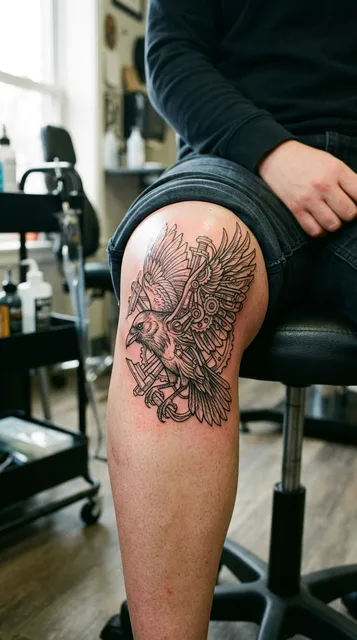 Black and grey biomechanical raven tattoo on a man's knee