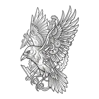 Black and grey biomechanical raven tattoo design, drawn flat for a knee tattoo