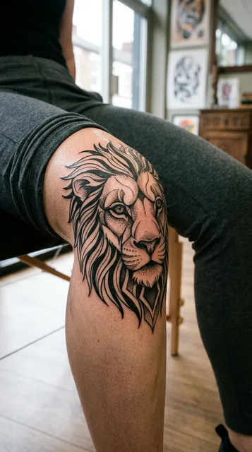 Black and white blackwork lion tattoo on a woman's knee