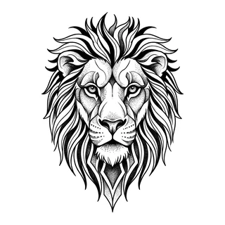 Black and white blackwork lion tattoo design, drawn flat for a knee tattoo