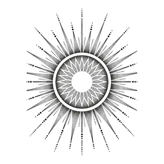 Black and grey dotwork sun tattoo design, drawn flat for a knee tattoo
