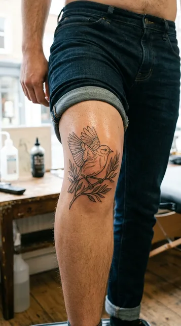 Black and white fine line bird tattoo on a man's knee