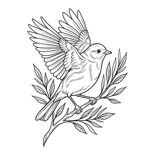 Black and white fine line bird tattoo design, outline stencil for a knee tattoo