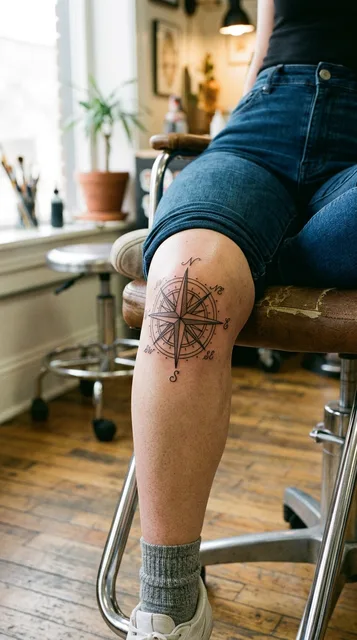 Black and white fine line compass tattoo on a woman's knee