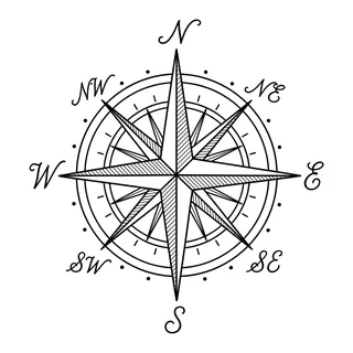 Black and white fine line compass tattoo design, outline stencil for a knee tattoo