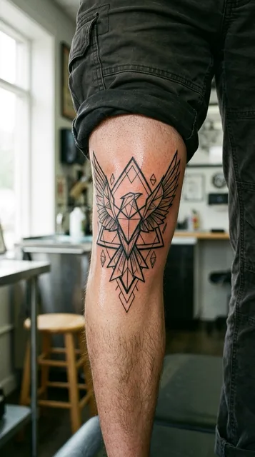 Black and white geometric phoenix tattoo on a man's knee