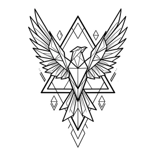 Black and white geometric phoenix tattoo design, outline stencil for a knee tattoo