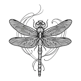 Black and grey illustrative dragonfly tattoo design, drawn flat for a knee tattoo