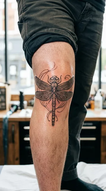 Black and grey illustrative dragonfly tattoo on a man's knee