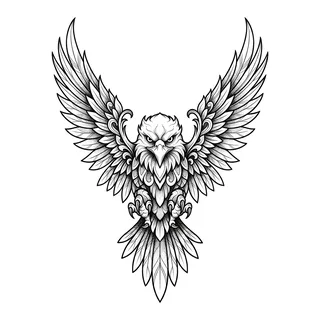 Black and grey illustrative eagle tattoo design, drawn flat for a knee tattoo