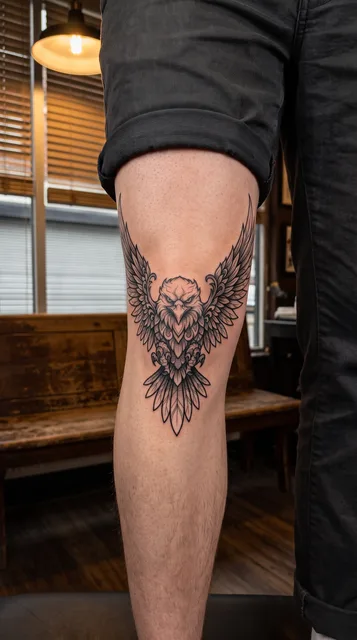 Black and grey illustrative eagle tattoo on a man's knee