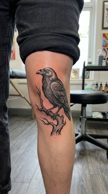 Black and grey illustrative raven tattoo on a man's knee