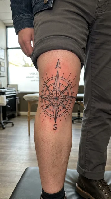 Black and white linework compass tattoo on a man's knee