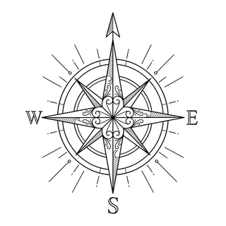 Black and white linework compass tattoo design, outline stencil for a knee tattoo