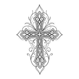 Black and white linework cross tattoo design, outline stencil for a knee tattoo