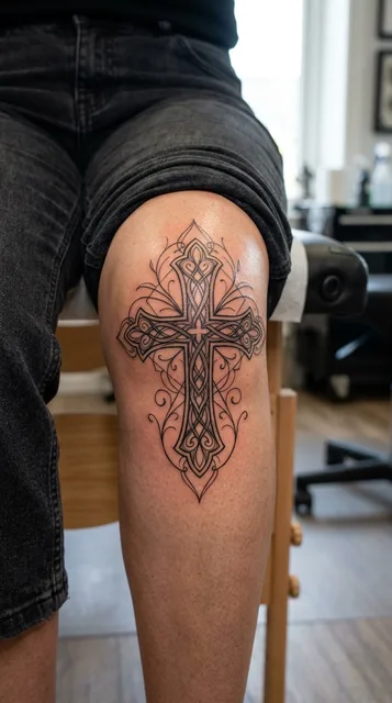 Cross tattoo on the knee