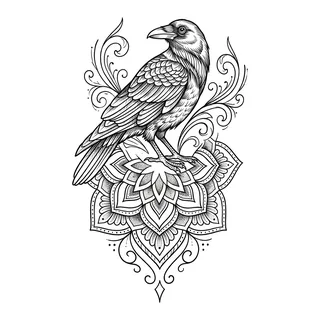 Black and grey ornamental raven tattoo design, drawn flat for a knee tattoo