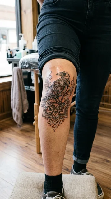 Raven tattoo on the knee