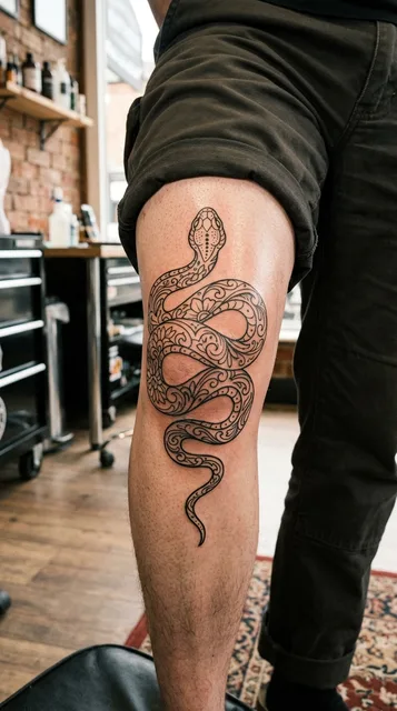 Black and grey ornamental snake tattoo on a man's knee