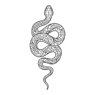 Black and grey ornamental snake tattoo design, drawn flat for a knee tattoo